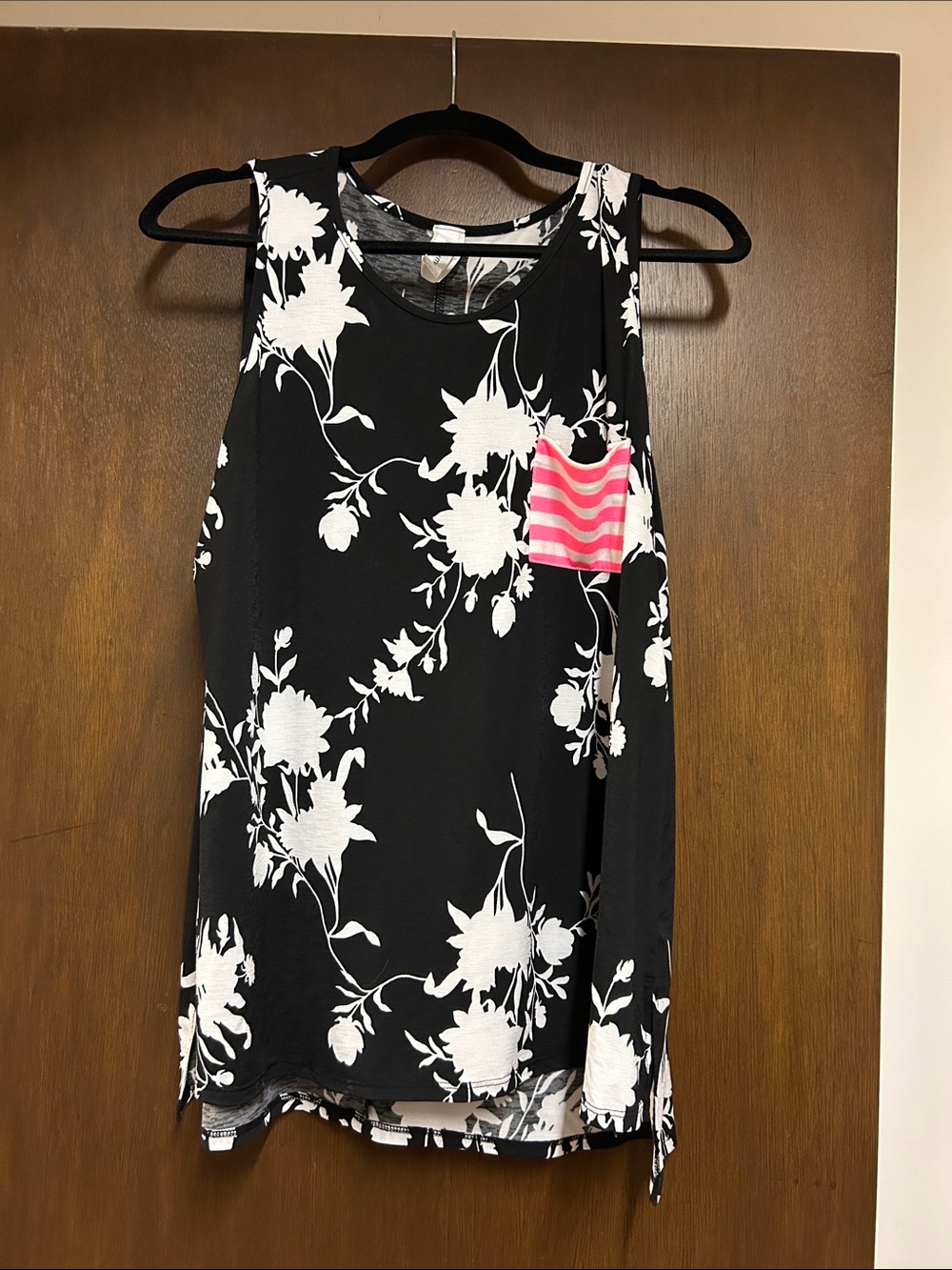 Honeyme Black Floral Tank Top with Pink Striped Pocket